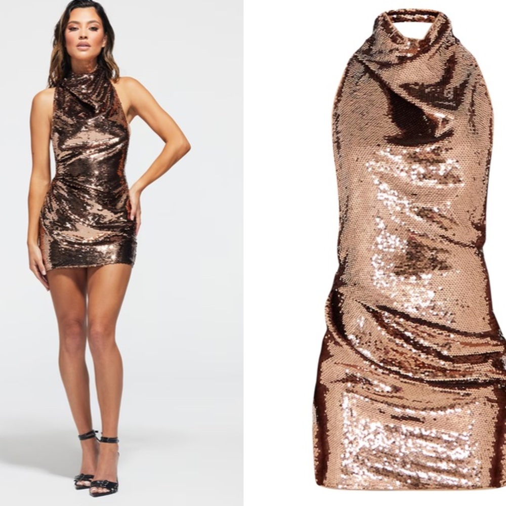 NWT PrettyLittleThing  Bronze Sequin High Neck Backless Bodycon Mini Dress Sz 4